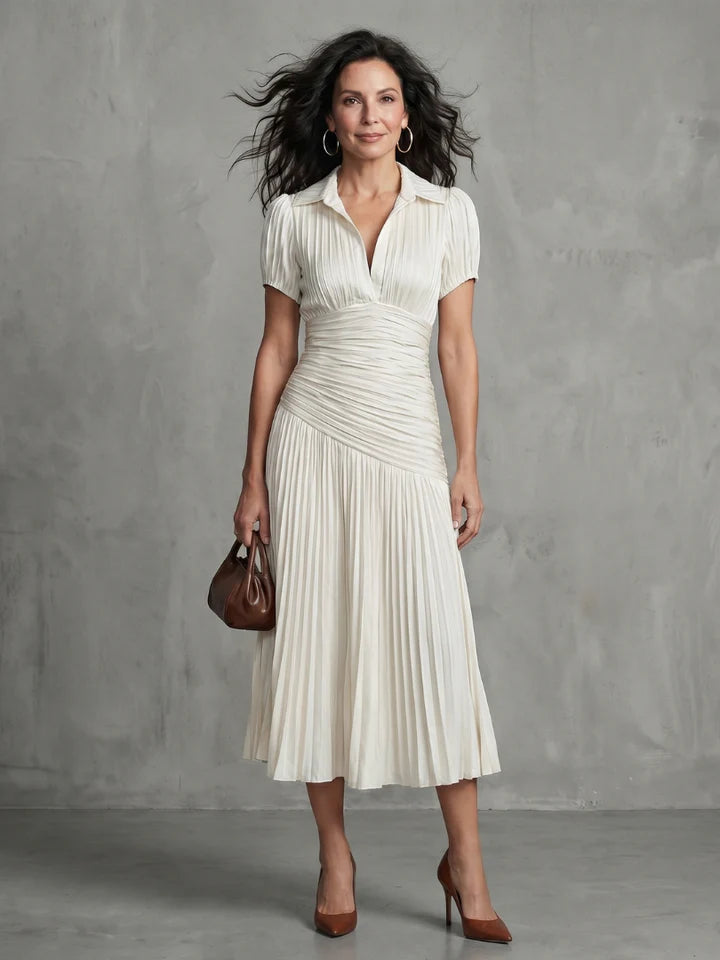 Theodora | Pleated Waistline Stripe Midi Dress