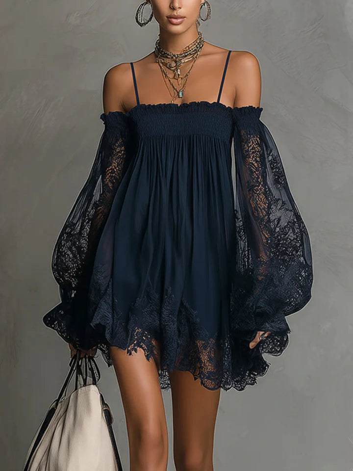 Noemi | Mini dress in navy blue chiffon with off-the-shoulder neckline, lace trim, and sheer sleeves