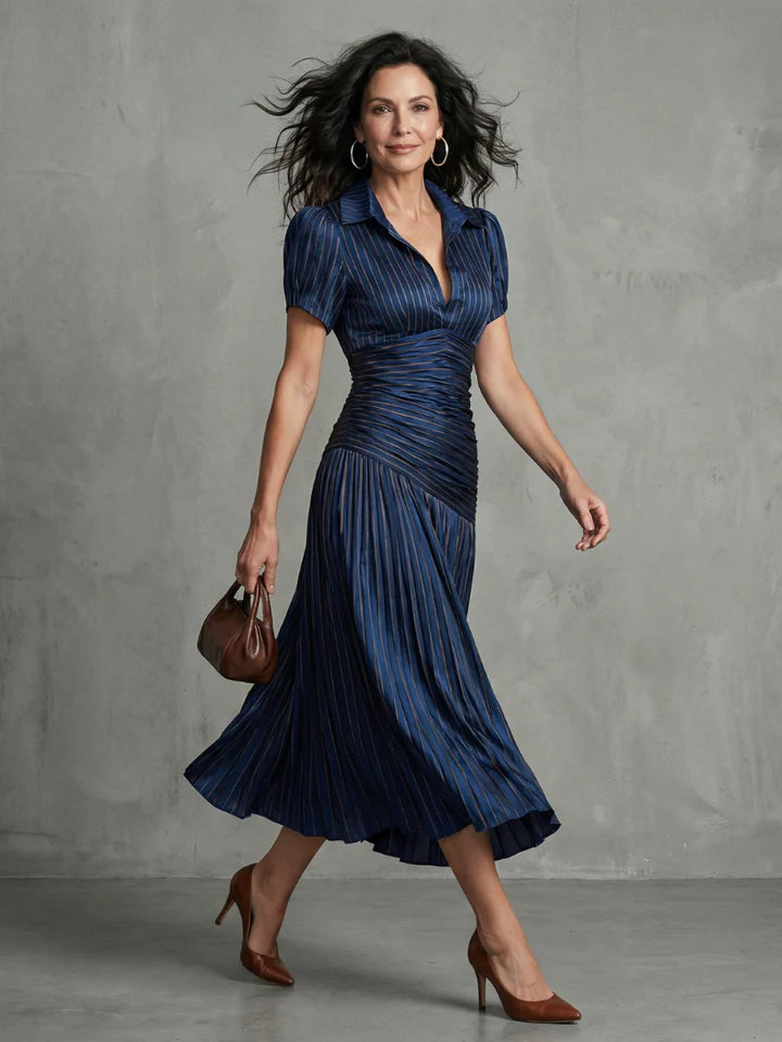 Theodora | Pleated Waistline Stripe Midi Dress