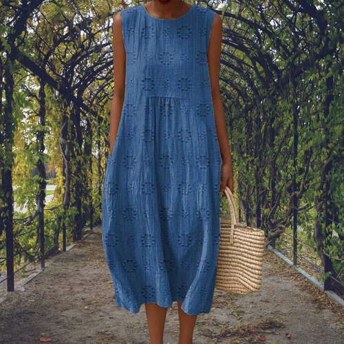 valora chiffon floral print dress VALORA BLUE FLORAL ROUND-NECK SLEEVED DRESS
