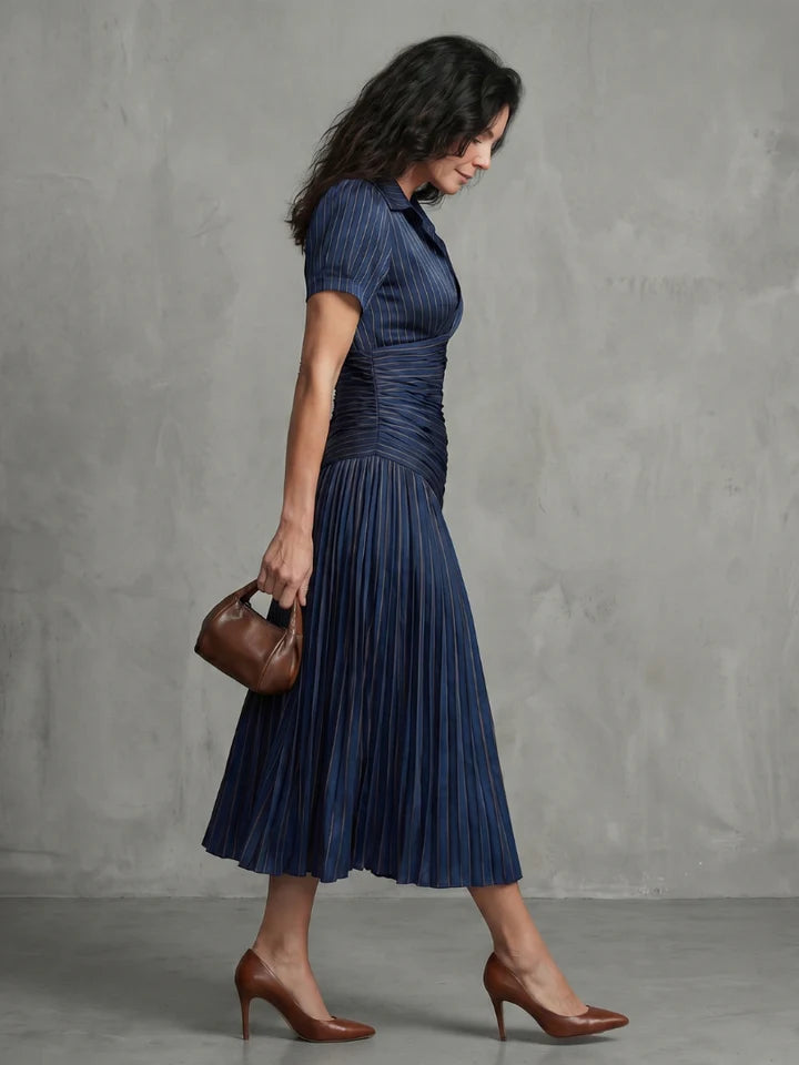 Theodora | Pleated Waistline Stripe Midi Dress