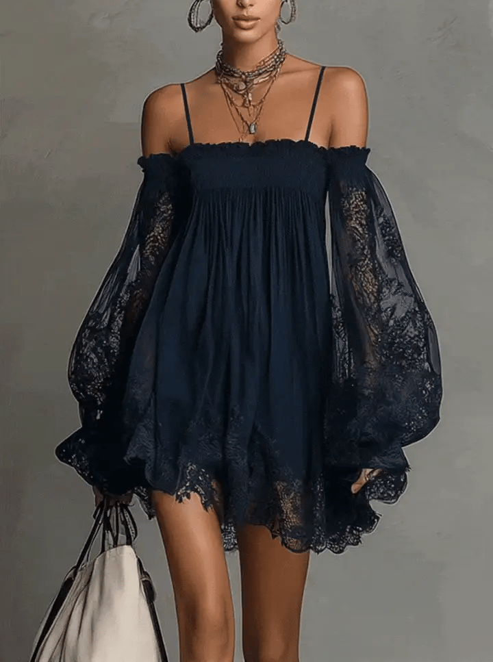 Noemi | Mini dress in navy blue chiffon with off-the-shoulder neckline, lace trim, and sheer sleeves