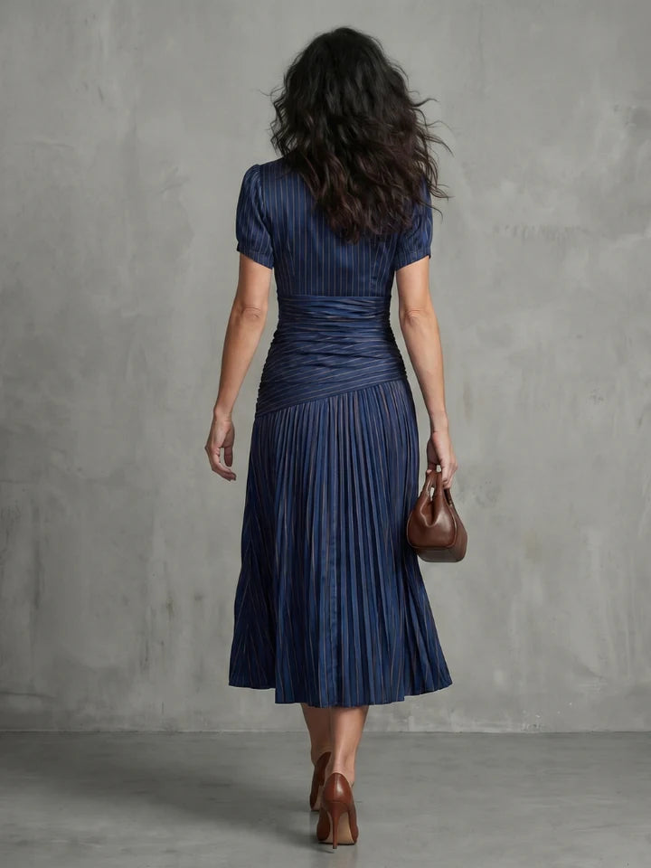 Theodora | Pleated Waistline Stripe Midi Dress
