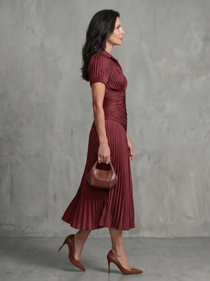 Theodora | Pleated Waistline Stripe Midi Dress