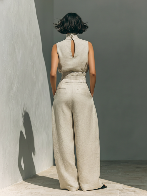Aurora | Set consisting of a sleeveless beige top in a cotton-linen blend and wide-leg pants
